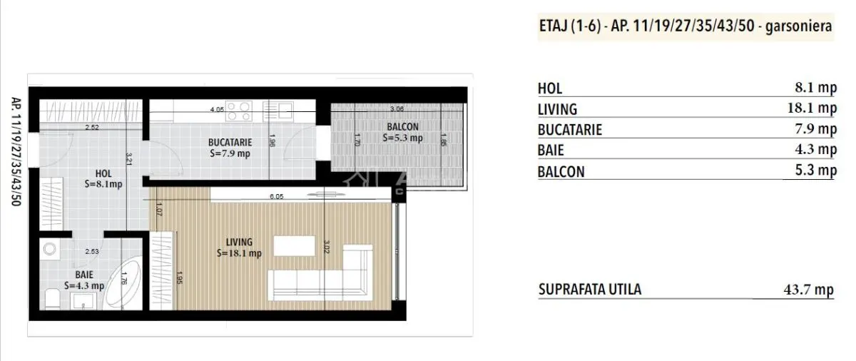 Estudio Distribuido – 43.70 m² – Platinum Residence, Metalurgiei - foto 9