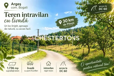 TEREN INTRAVILAN 1.736 MP | BOGATI, ARGES | 30 km de Pitesti |deschidere la DC 60 - Bogati