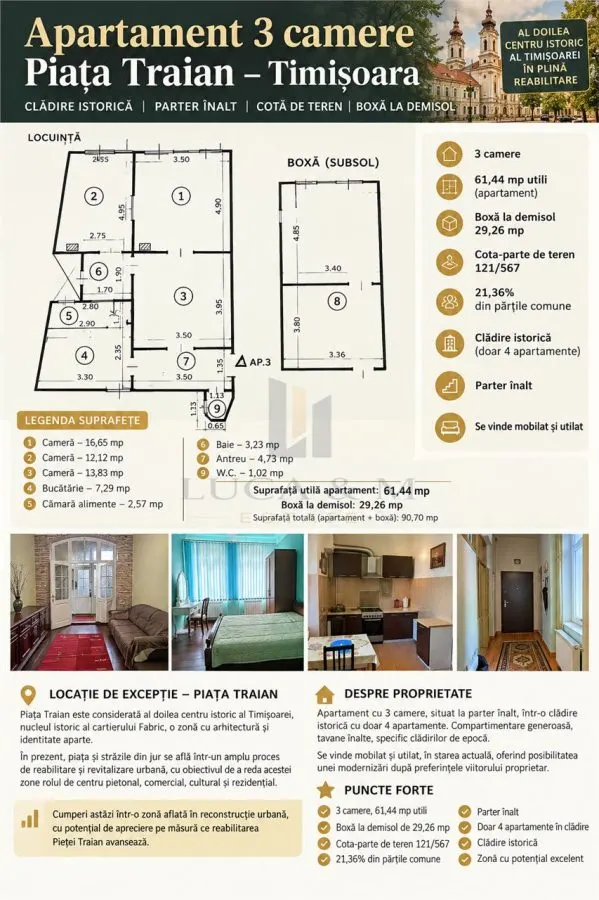 Apartament 3 camere Piata Traian | cladire istorica | 61,44 mp plus boxa 29,26 mp si cota teren - foto 1